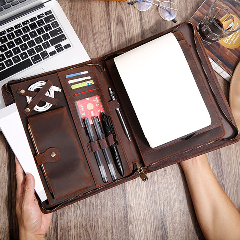 Vintage Leather Journal Notebook - Organizer Portofolio Kulit Sapi dengan Resleting,